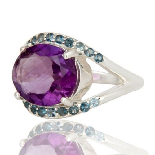 Anillo solitario de plata con amatista y topacio