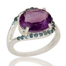 Anillo solitario de plata con amatista y topacio